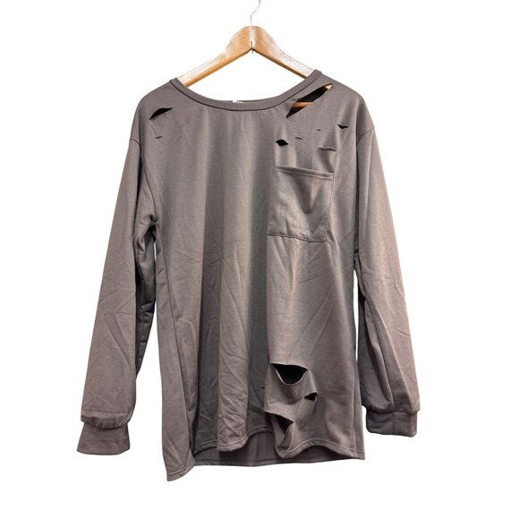 BiBi Long Sleeve Distressed Brown Top With Pocket - Picture 1 of 6